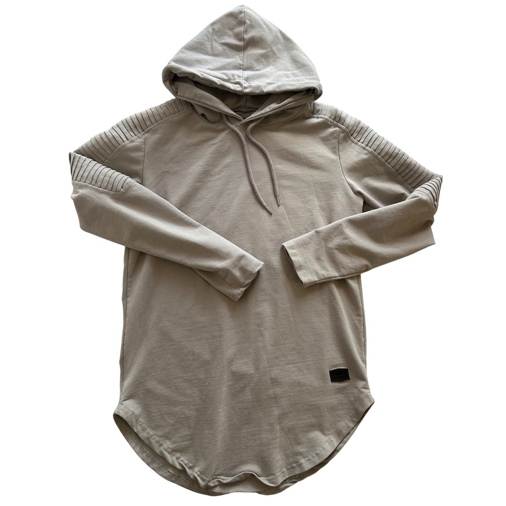 Leif Nelson Hooded Shirt Men's‎ Medium Beige Longline Ribbed Shoulder Casual